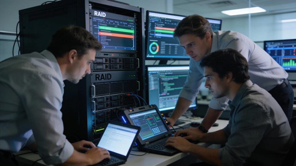 IT professionals working on RAID data recovery in a modern office setting