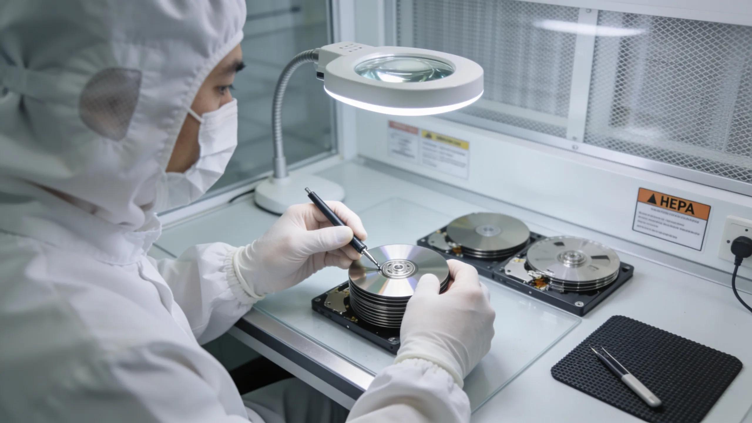 Technician handling RAID disks in a cleanroom environment for data recovery